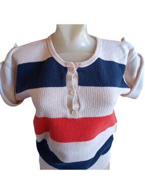 Vintage Women's Medium Top 1970's Knit Striped Monarch Short-Sleeve Sweater Boho